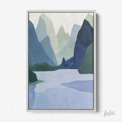 quadro com arte abstrata de paisagem montanhosa em moldura prateada