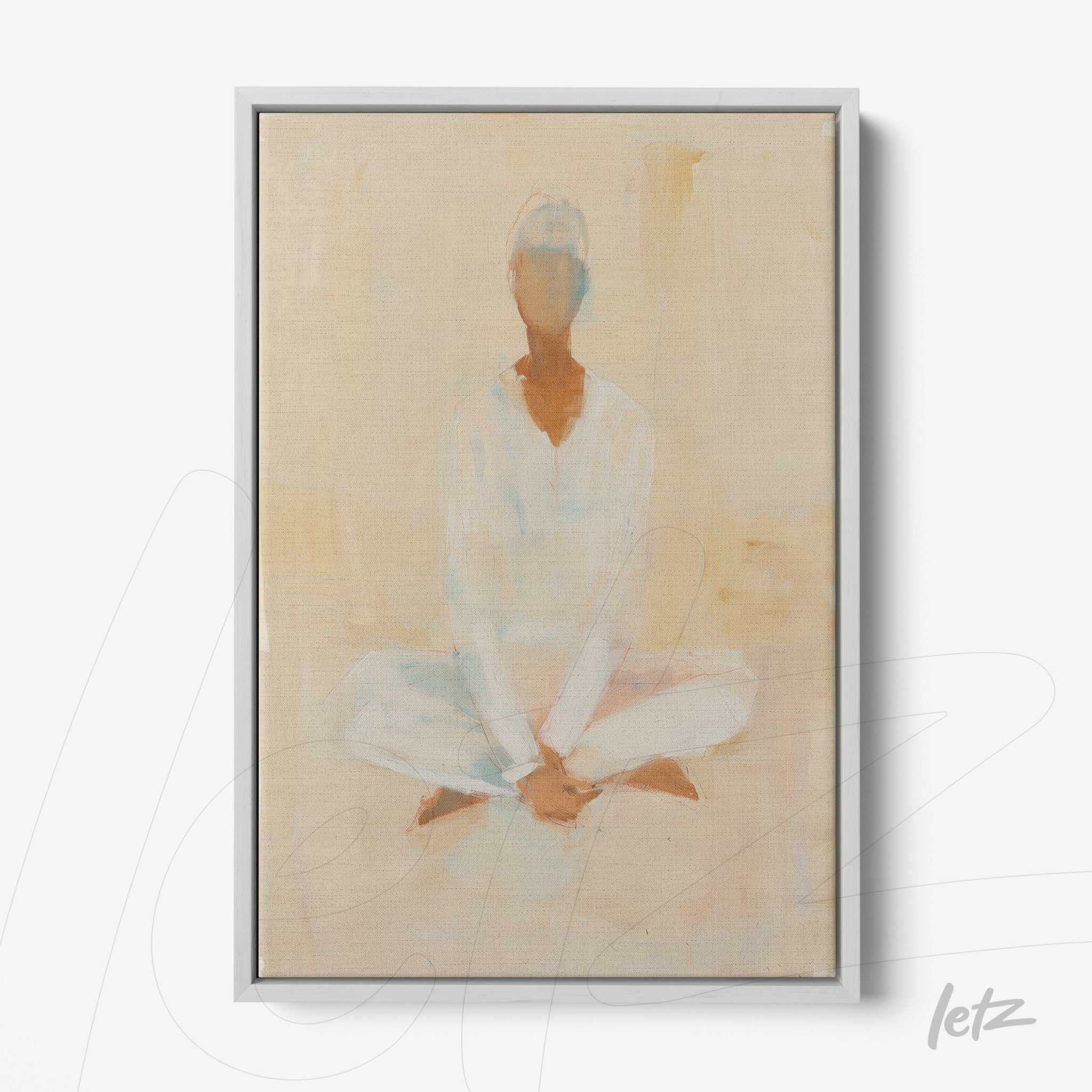 quadro com arte abstrata de figura meditando em tons suaves e moldura prateada