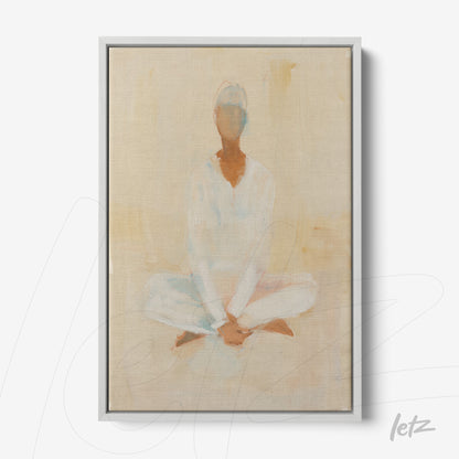 quadro com arte abstrata de figura meditando em tons suaves e moldura prateada