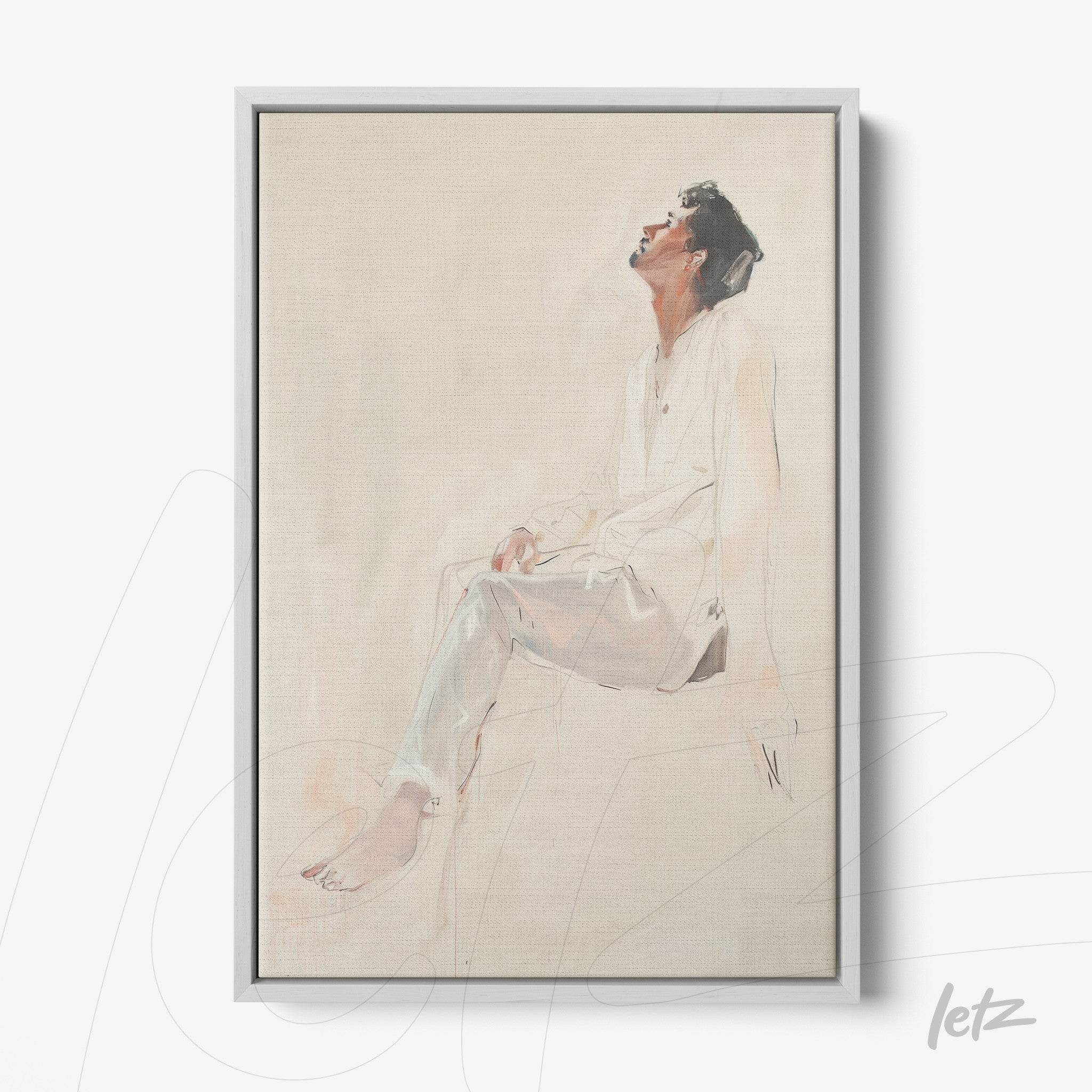 quadro com arte minimalista de figura humana sentada em tonalidades suaves, moldura cinza clara