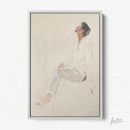 quadro com arte minimalista de figura humana sentada em tonalidades suaves, moldura cinza clara