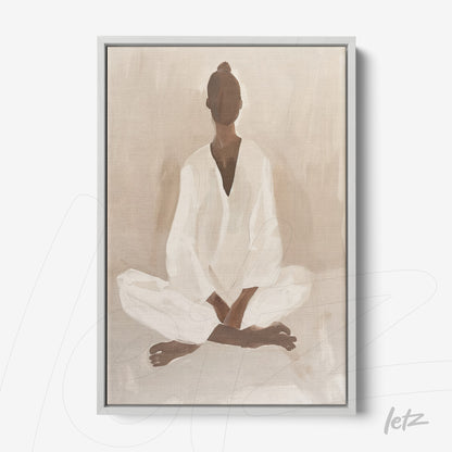 quadro com arte minimalista de figura meditando em tons de bege, moldura prata