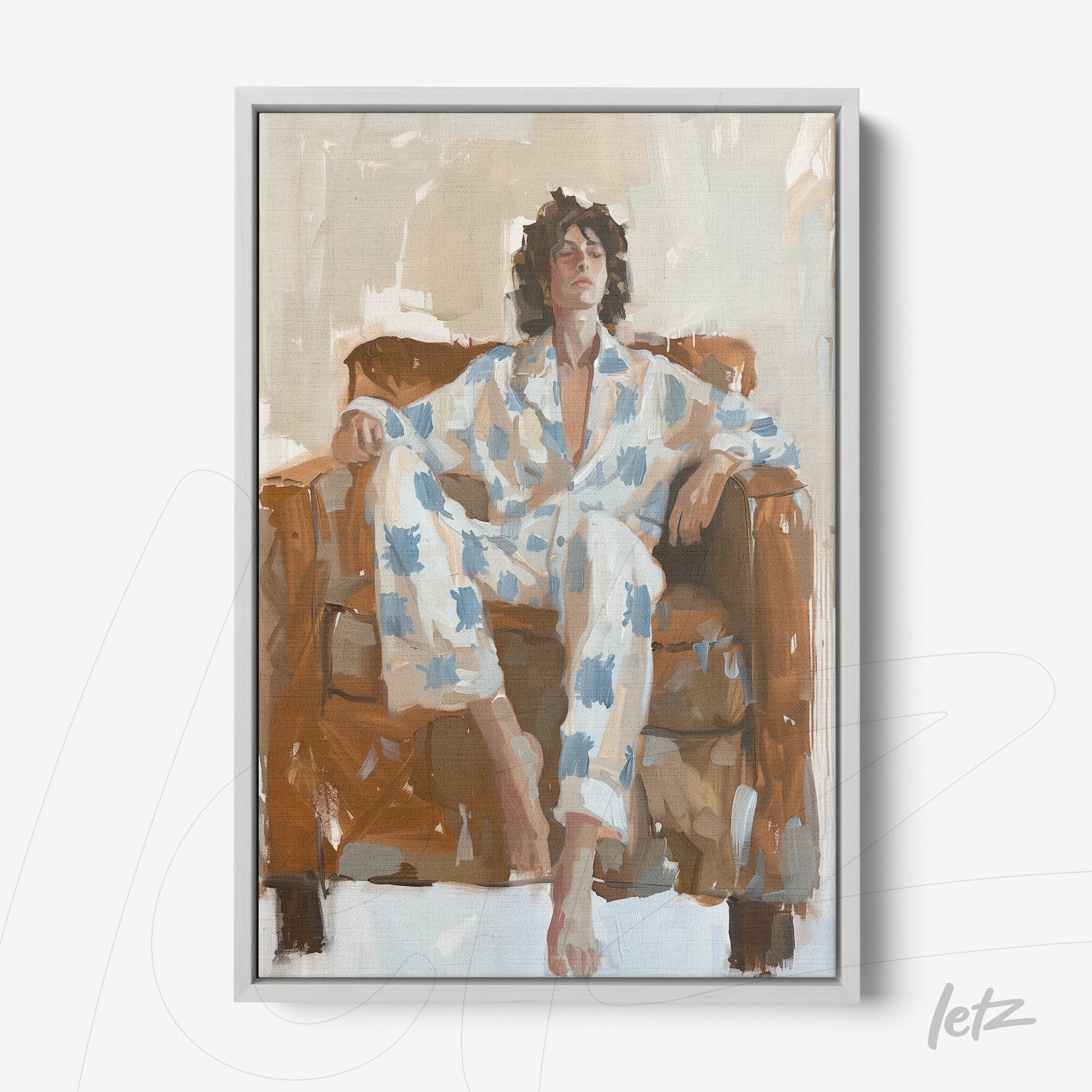 quadro com arte contemporânea de um homem relaxando em sofá, usando pijama estampado e moldura cinza