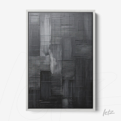 quadro abstrato em tons de preto com textura linear em fundo liso, em moldura branca