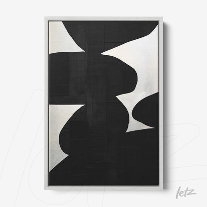 quadro abstrato em preto e branco com formas geométricas em moldura branca