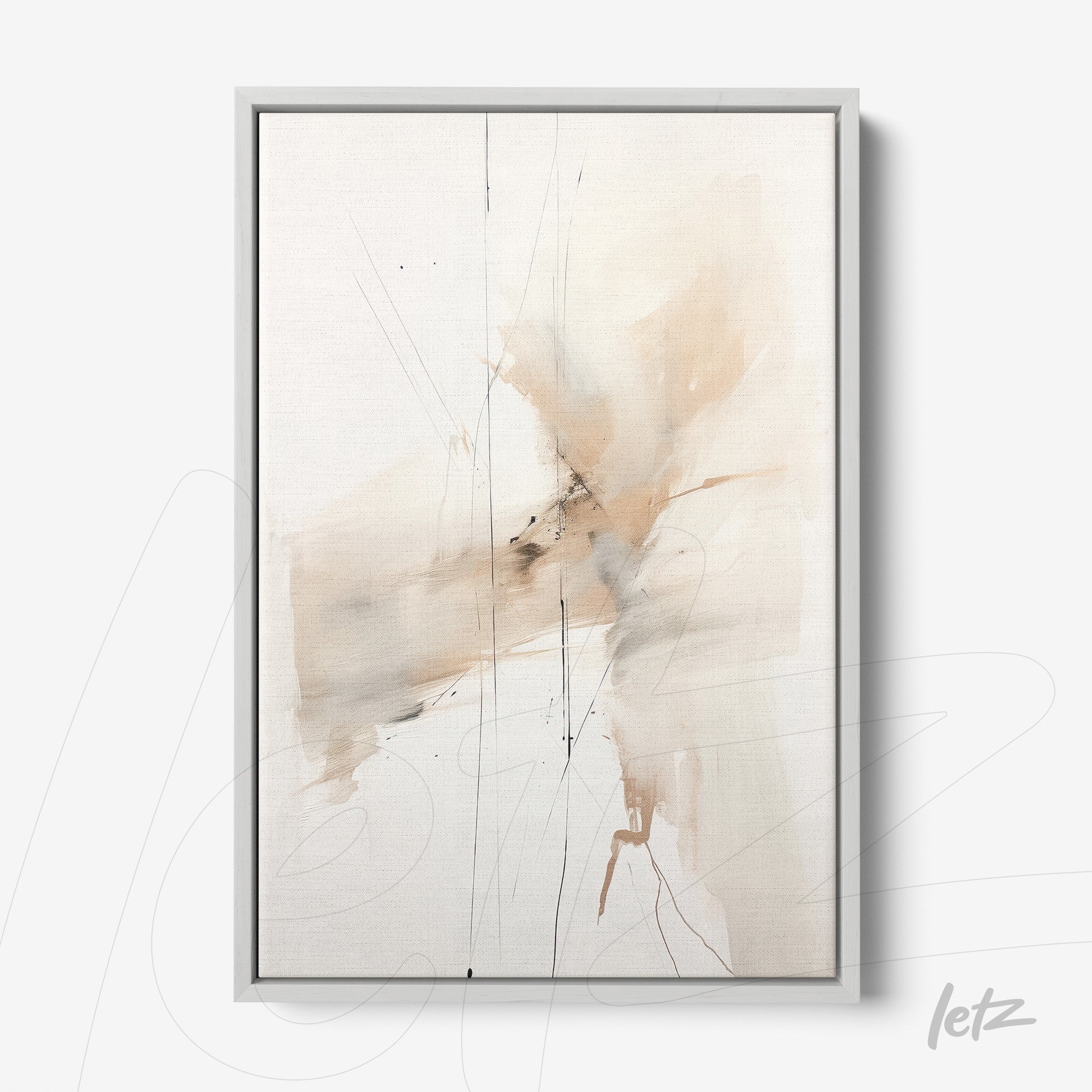 quadro abstrato em tela canvas com tons neutros e linhas suaves, em moldura cinza clara