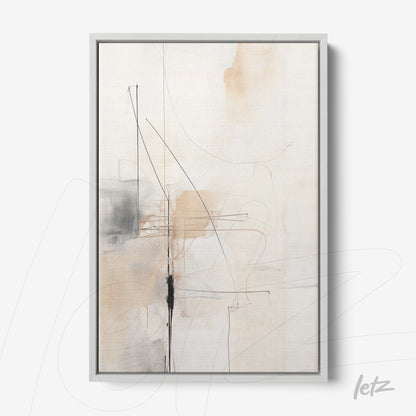 quadro com arte abstrata em tons neutros com linhas pretas finas em moldura prateada