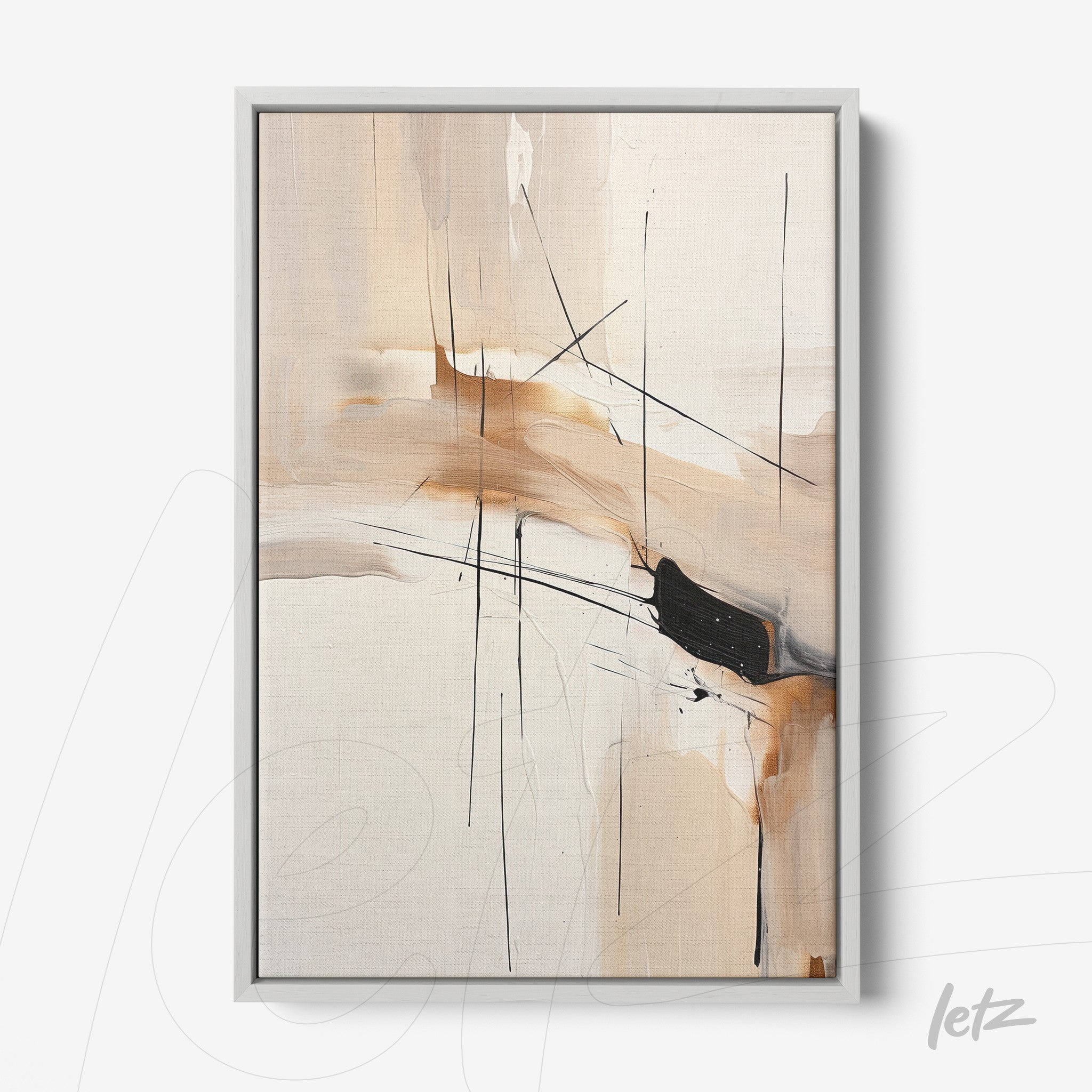 quadro abstrato com traços em tons de bege e preto em moldura prateada