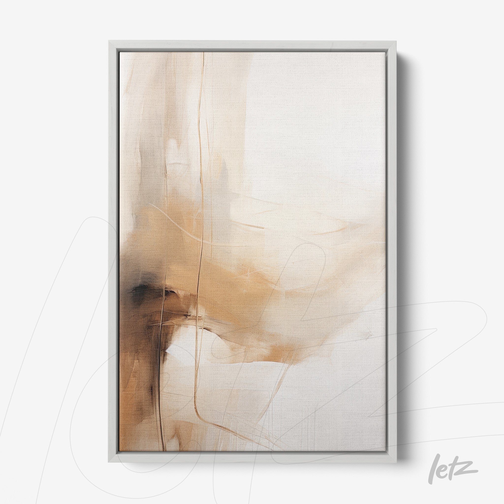 quadro abstrato em tons de bege e marrom com moldura prata