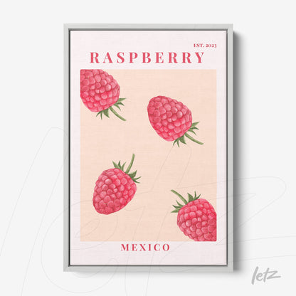 quadro com ilustração de framboesas em fundo claro e moldura prateada