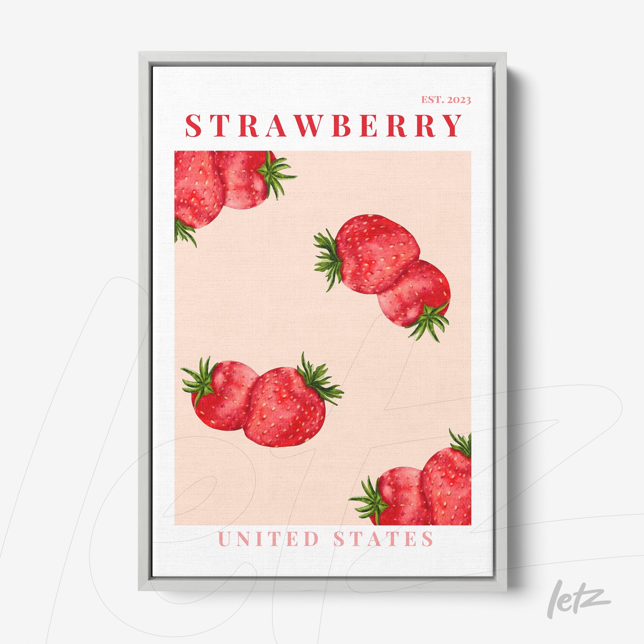 quadro com ilustrações de morangos em fundo rosa claro com moldura prateada
