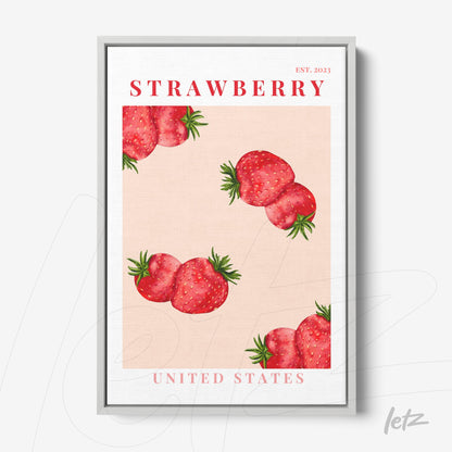 quadro com ilustrações de morangos em fundo rosa claro com moldura prateada