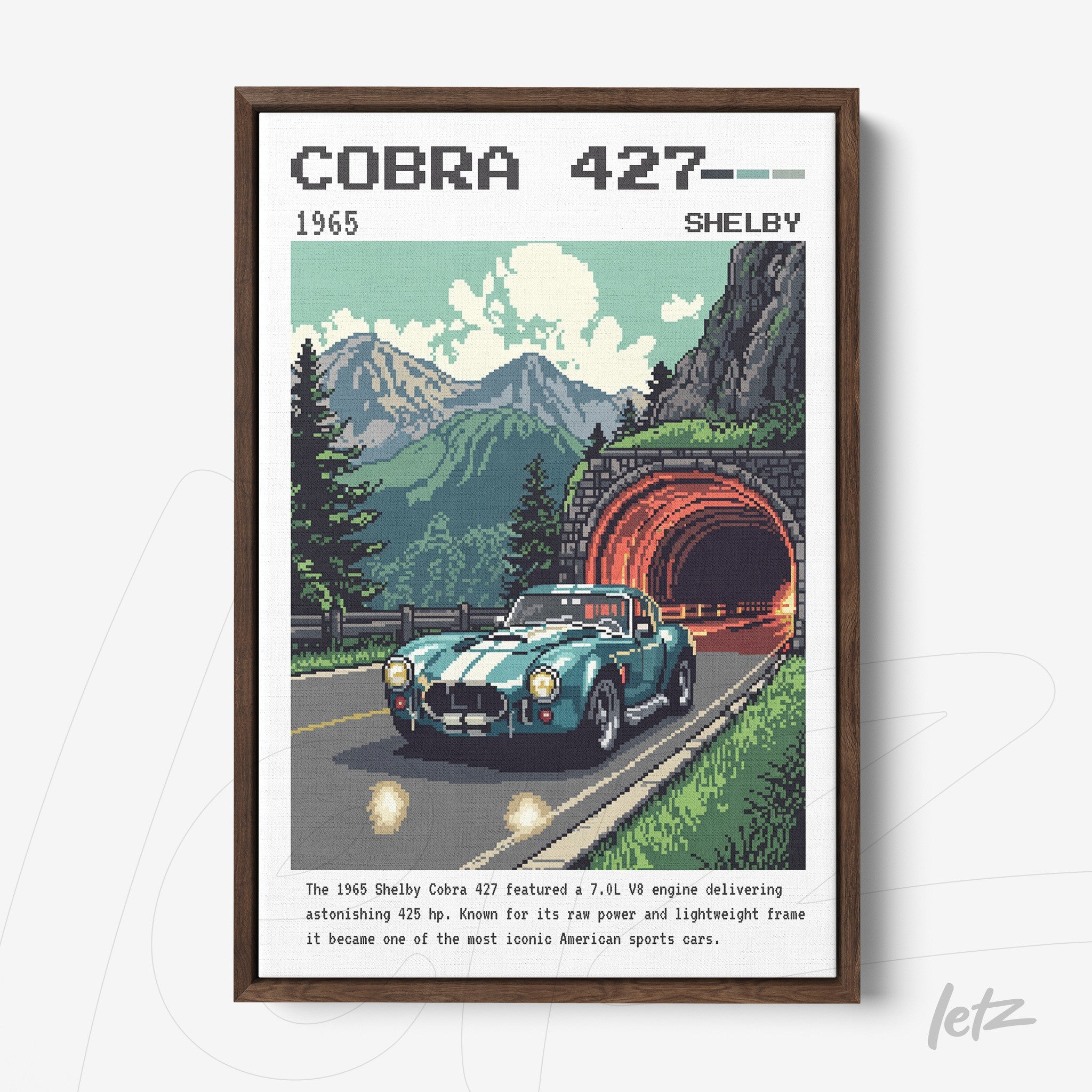 quadro com arte retro de um carro Cobra 427 em uma estrada montanhosa com túnel, moldura marrom