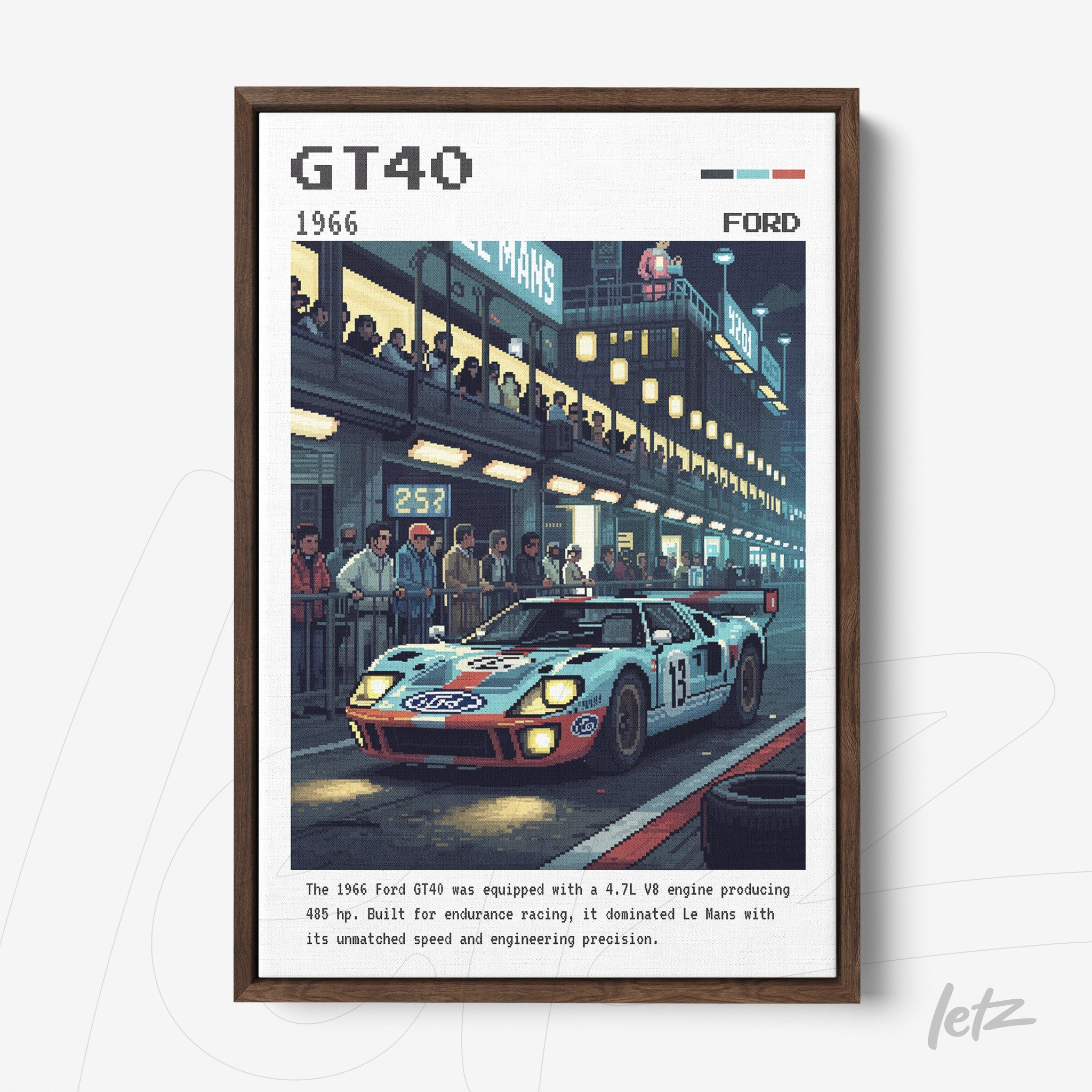 quadro com arte digital retro de um carro de corrida Ford GT40 em uma pista de Le Mans, moldura madeira escura