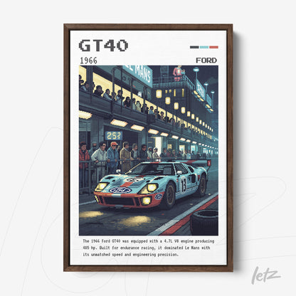 quadro com arte digital retro de um carro de corrida Ford GT40 em uma pista de Le Mans, moldura madeira escura