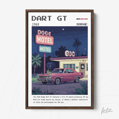 quadro com arte digital retrô de um Dodge Dart GT em frente a um motel em estilo vintage, moldura escura