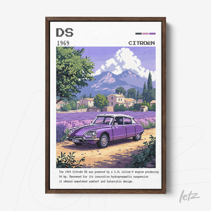 quadro com arte digital de um Citroën DS 1969 em uma paisagem rural com montanhas ao fundo e moldura marrom escura