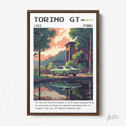 quadro emoldurado com ilustração retrô do carro Ford Torino GT de 1969 em cenário natural