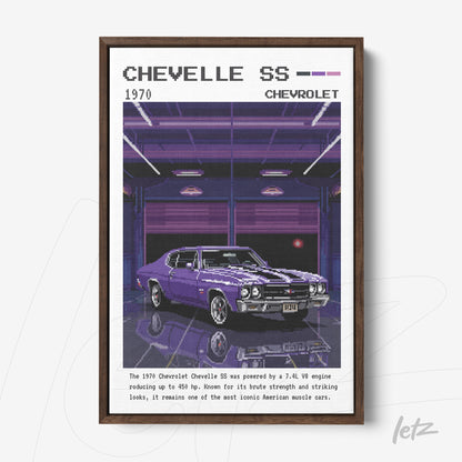 quadro com arte digital de um carro Chevelle SS 1970 em uma garagem iluminada com luzes neon, moldura escura