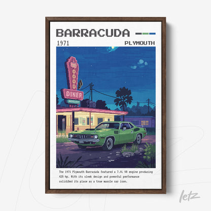 quadro com arte pixelada do carro Plymouth Barracuda de 1971 em frente a um diner
