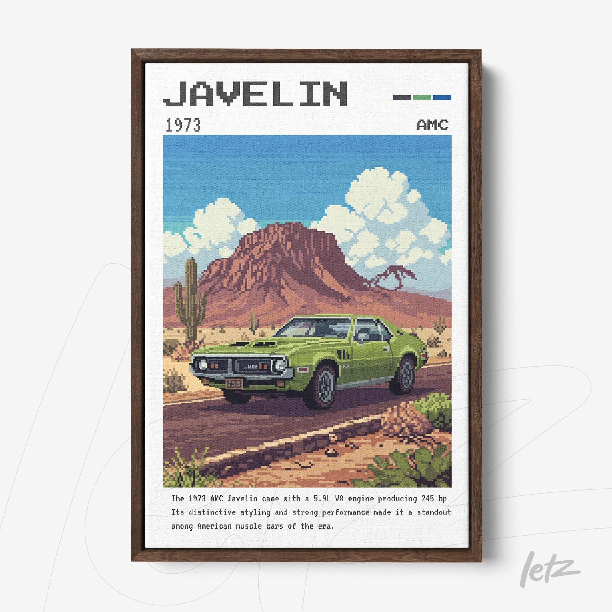 quadro com arte retrô de carro AMC Javelin de 1973 em moldura de madeira escura