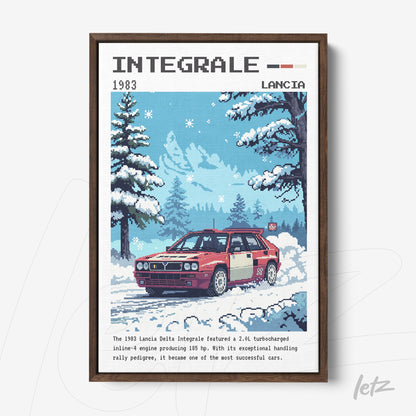 quadro emoldurado com arte digital do carro Lancia Delta Integrale 1983 em cenário nevado, destacando o design pixelado e cores vibrantes