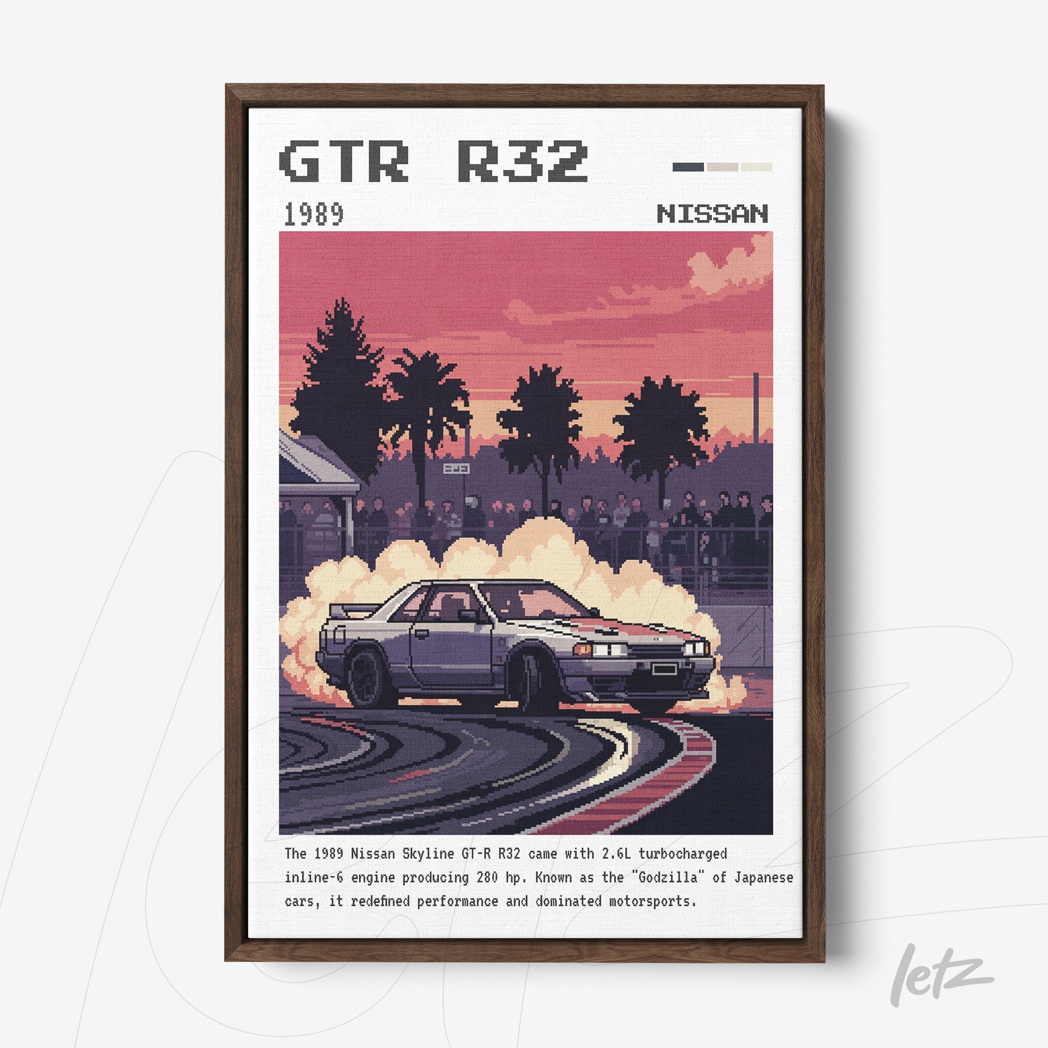 quadro com arte pixelada de um carro Nissan Skyline GT-R R32 em ação, moldura de madeira escura