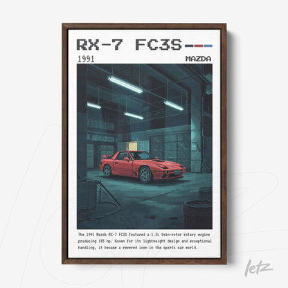 quadro com ilustração retro do carro Mazda RX-7 FC3S em moldura de madeira escura