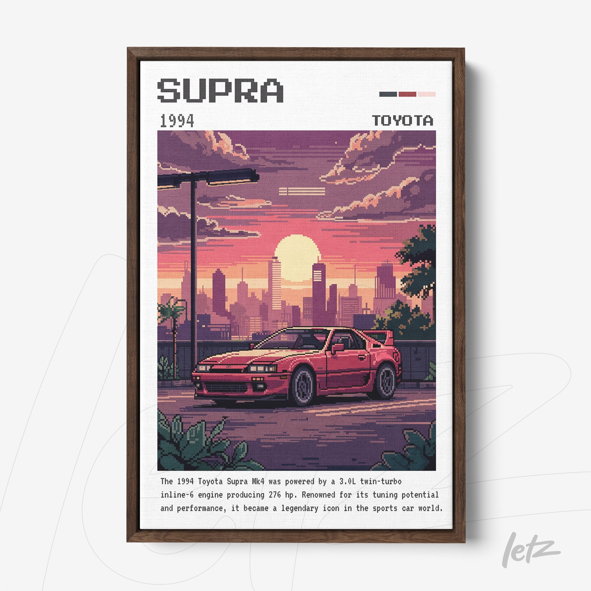 quadro com arte pixelada de um carro Toyota Supra 1994 em moldura de madeira escura, com fundo de pôr do sol e paisagem urbana