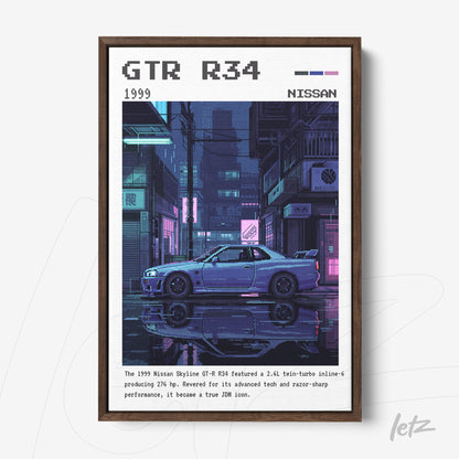 quadro com arte digital do carro Nissan GTR R34 em estilo pixel art com moldura escura