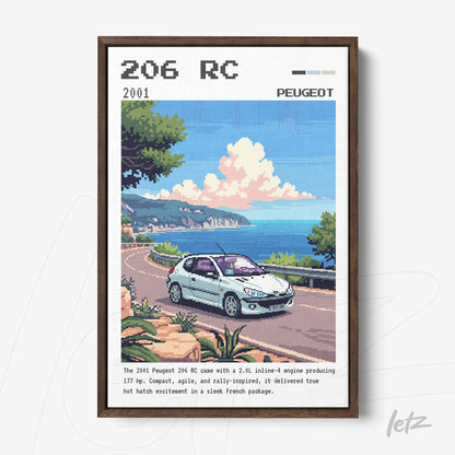 quadro com arte digital do carro Peugeot 206 RC em uma estrada costeira, moldura de madeira escura