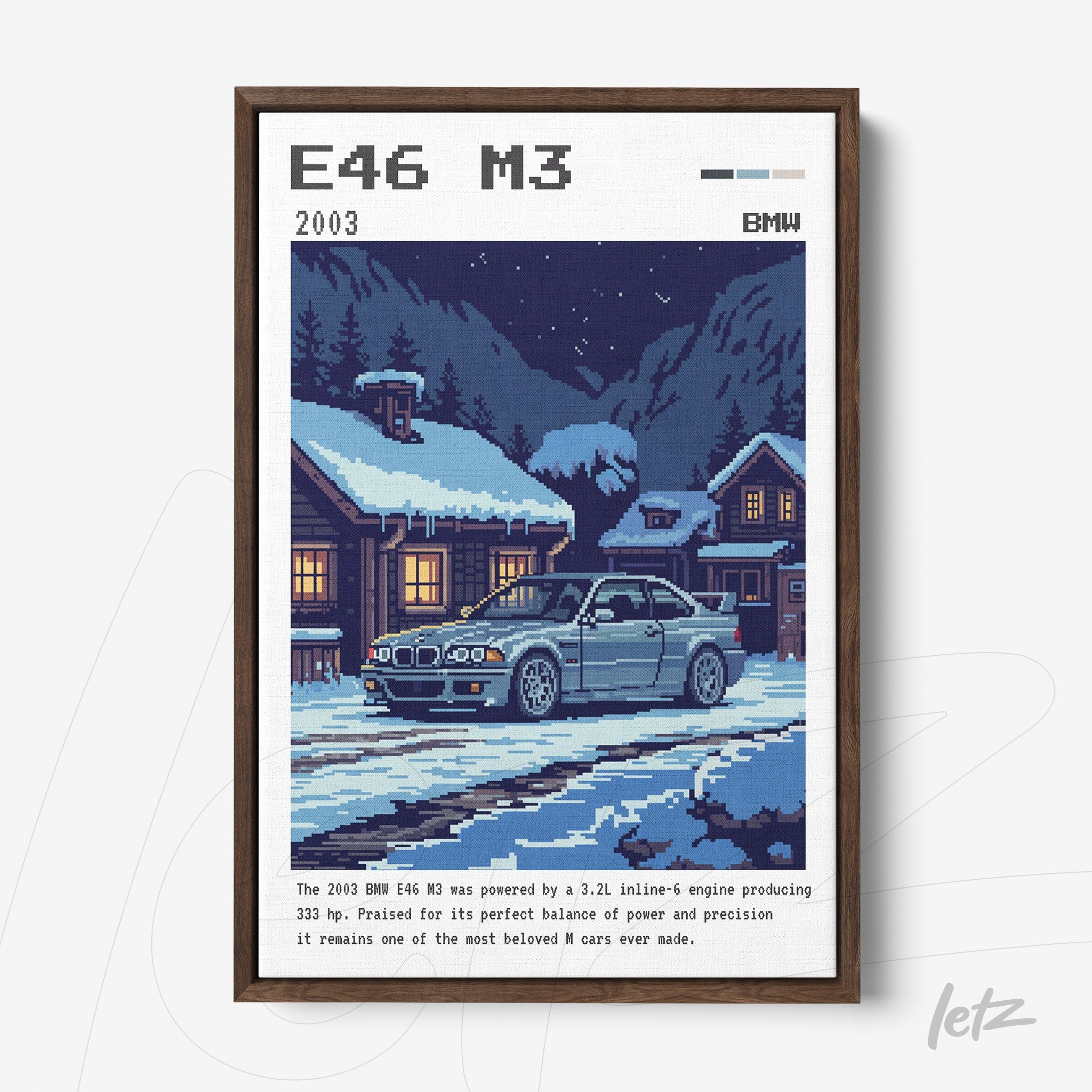 quadro com arte pixelada de um carro BMW E46 M3 em um cenário nevado com casas de madeira ao fundo