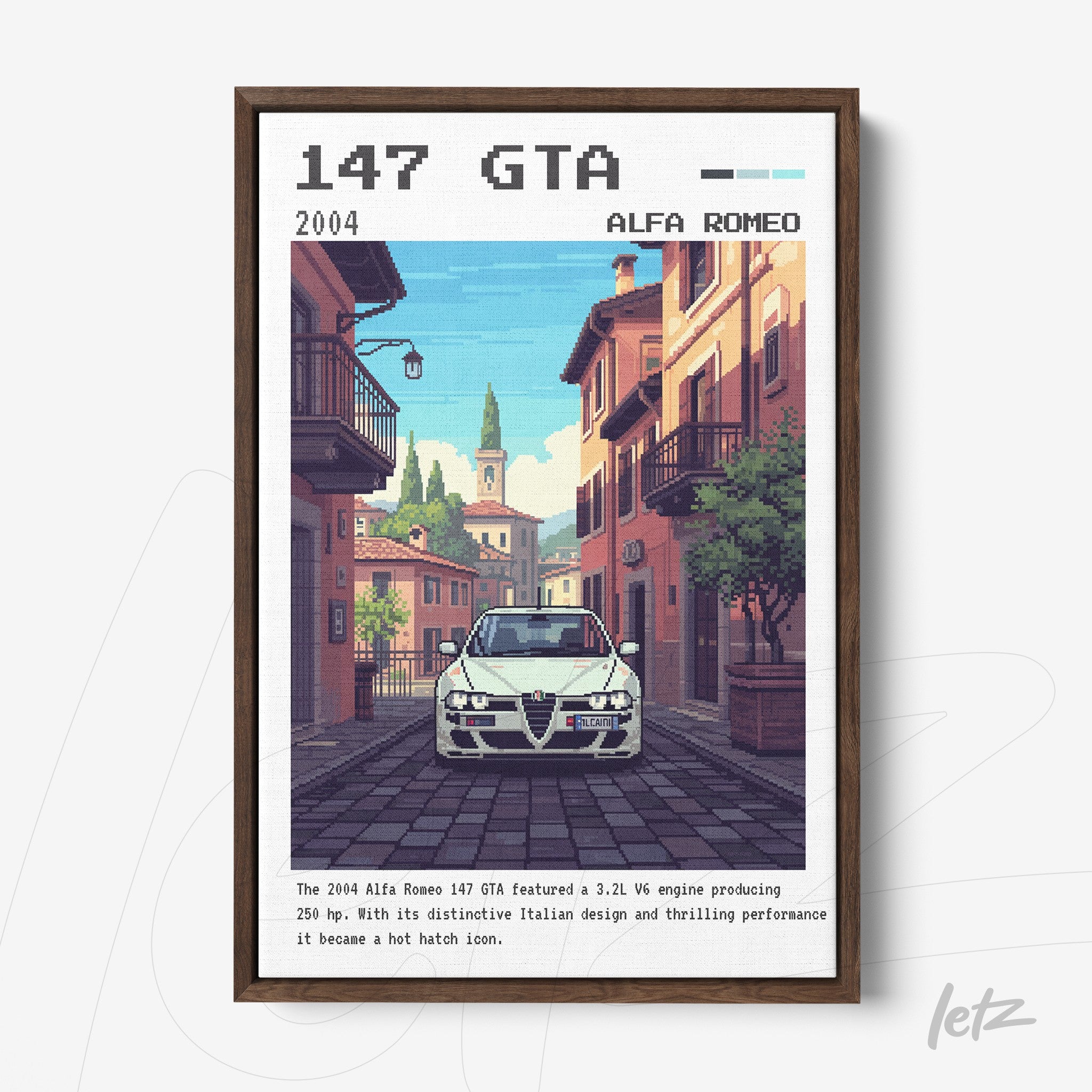 quadro com arte digital de um carro Alfa Romeo 147 GTA em estilo pixelado, com moldura marrom escura e fundo de cenário urbano italiano