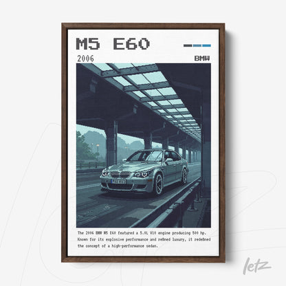 quadro emoldurado com arte digital de um BMW M5 E60 2006 sob um viaduto, com fundo azul escuro e detalhes em pixel art