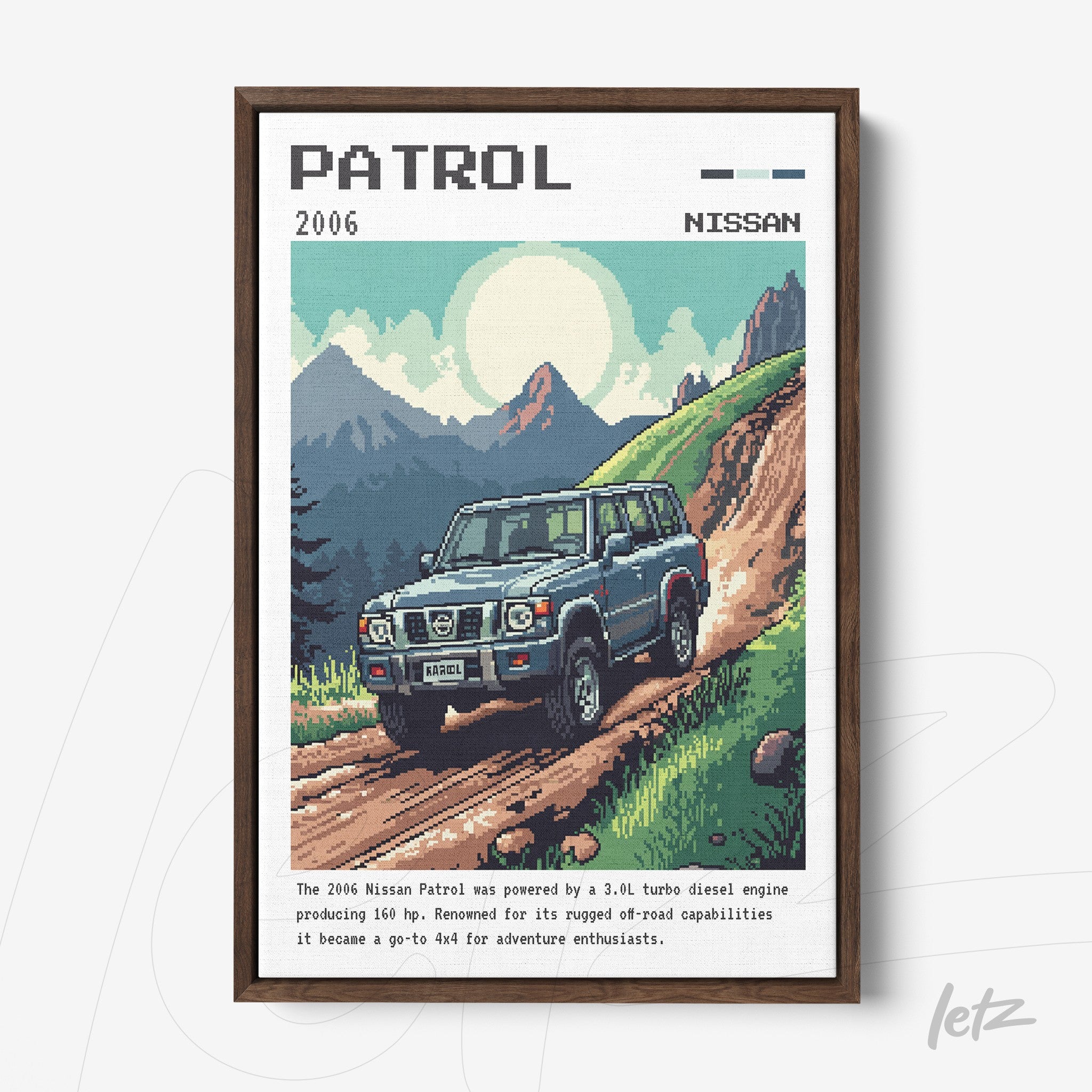 quadro com arte em estilo retrô de um carro Nissan Patrol 2006 em uma estrada rural com montanhas ao fundo, moldura de madeira escura