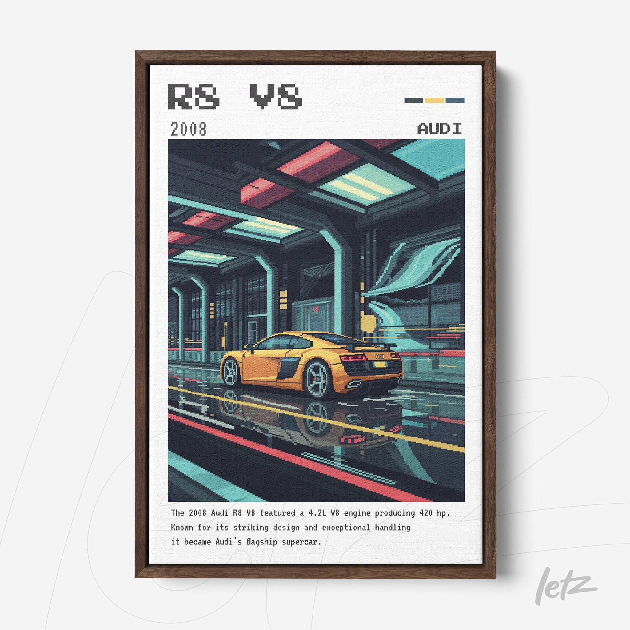 quadro com arte pixelada de um Audi R8 V8 amarelo em um ambiente futurista, com moldura escura