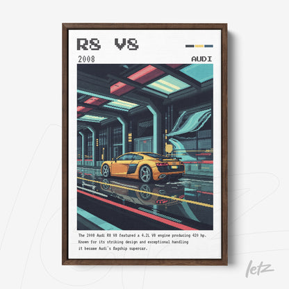 quadro com arte pixelada de um Audi R8 V8 amarelo em um ambiente futurista, com moldura escura