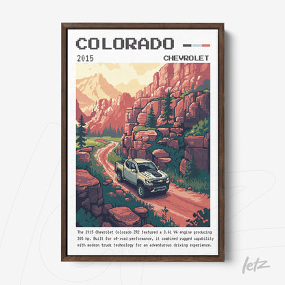 quadro com arte em estilo pixel art de caminhão Chevrolet Colorado em um cenário montanhoso, moldura de madeira escura