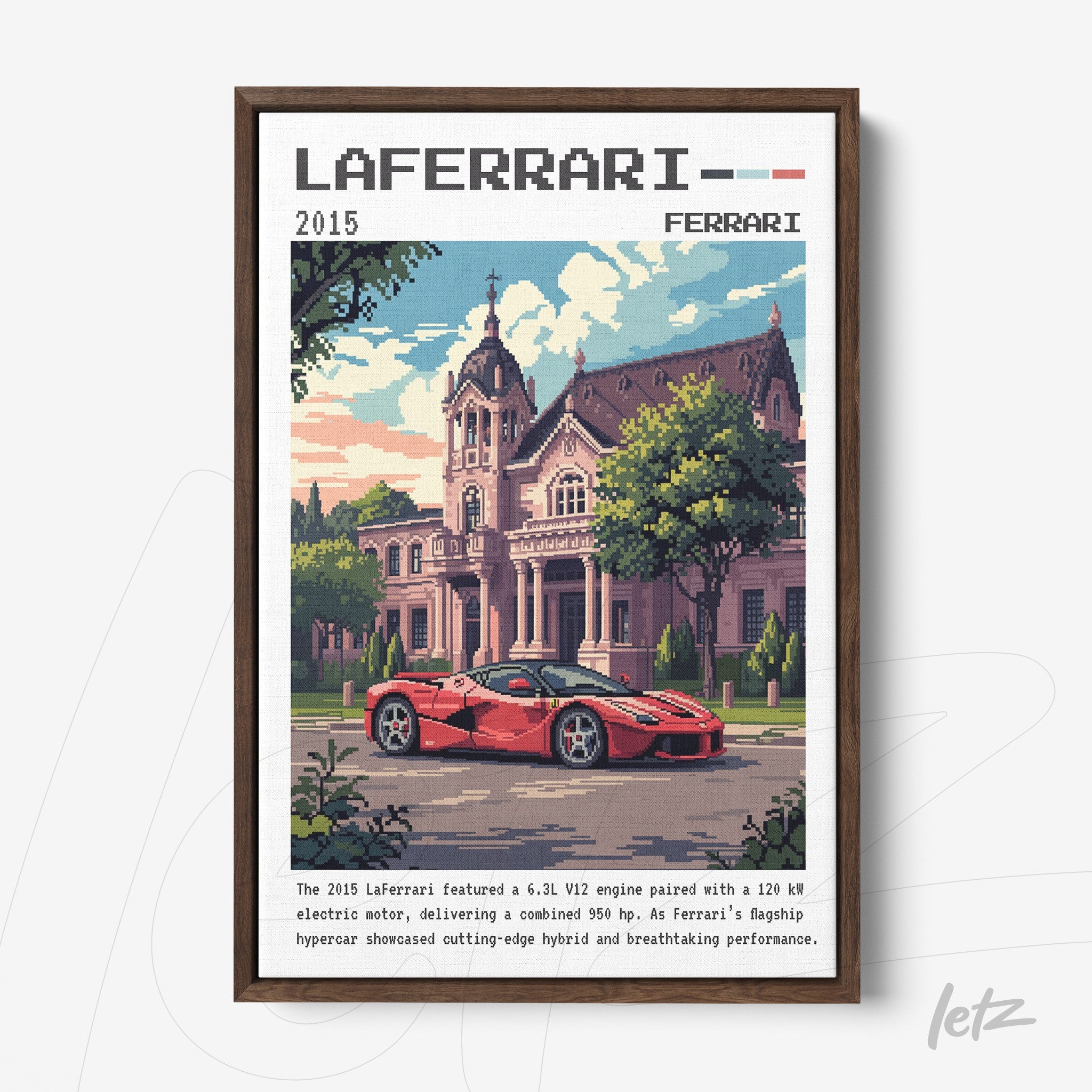 quadro com arte em pixel art do carro Laferrari em frente a um edifício histórico, moldura marrom escura