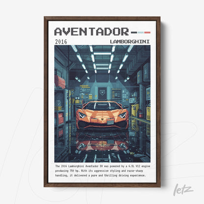 quadro com arte de carro esportivo Lamborghini Aventador em estilo pixel art, moldura marrom escura