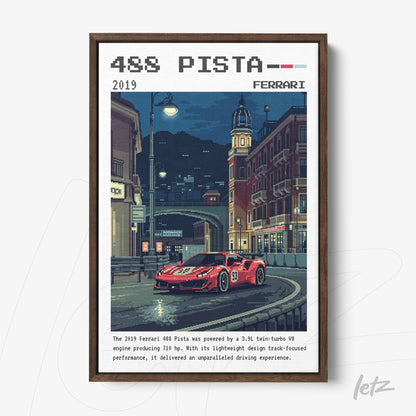 quadro decorativo com arte em pixel do carro Ferrari 488 Pista, moldura de madeira escura e fundo noturno