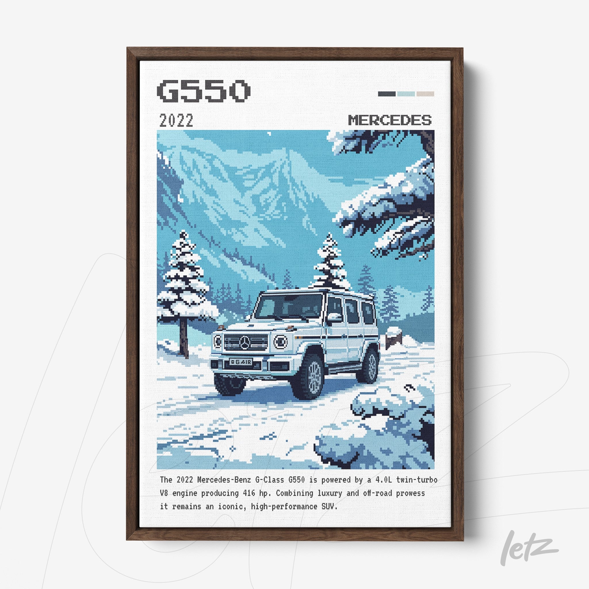 quadro com arte digital do Mercedes G-Class G550 em paisagem de inverno com moldura marrom escura