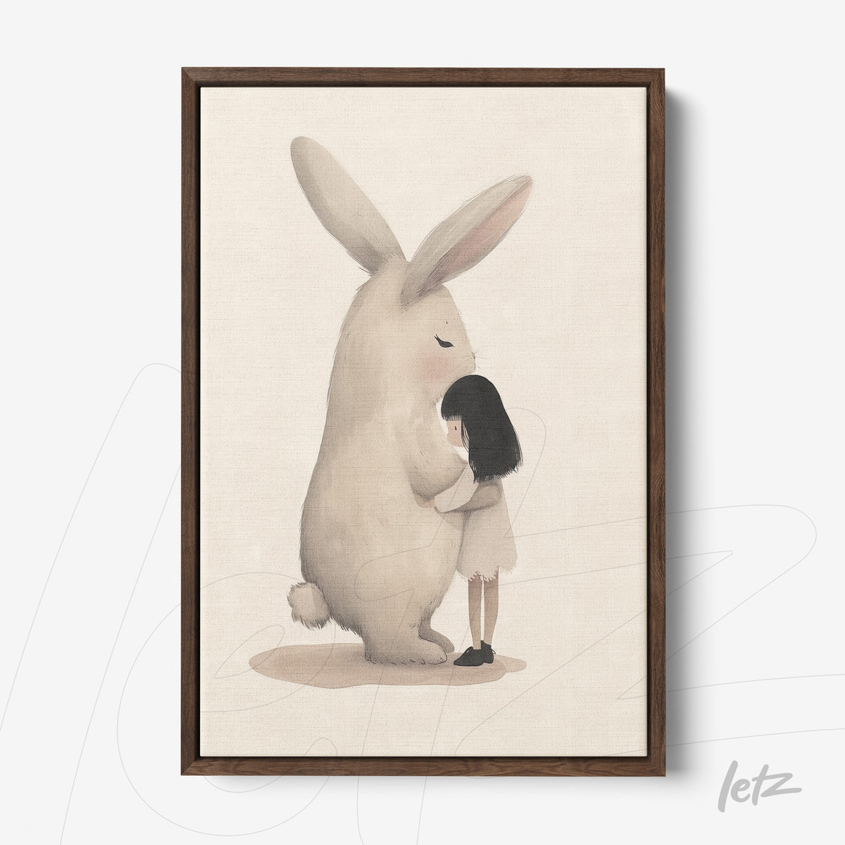 quadro com ilustração delicada de uma menina abraçando um coelho grande em moldura de madeira escura