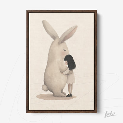 quadro com ilustração delicada de uma menina abraçando um coelho grande em moldura de madeira escura