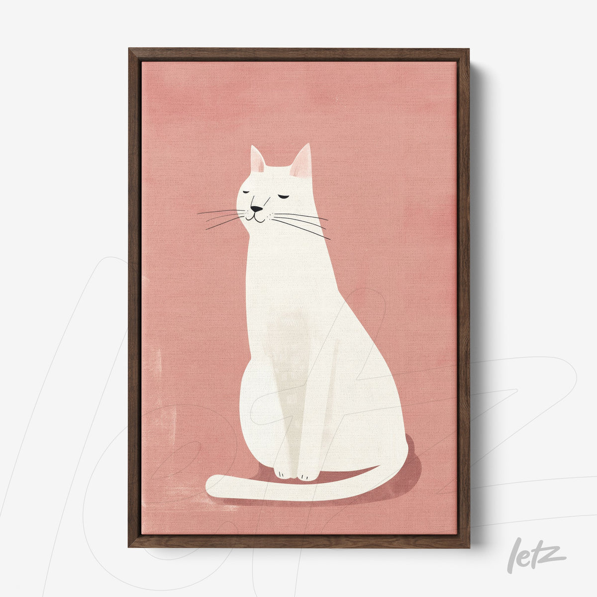 quadro com arte digital de um gato branco sobre fundo rosa e moldura em madeira escura