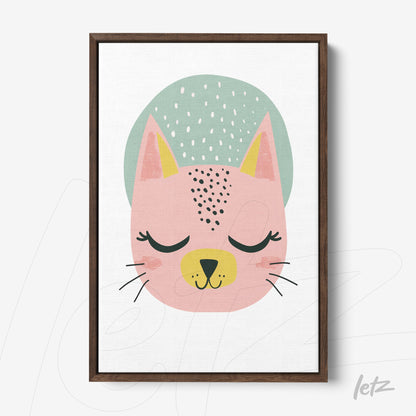 quadro com ilustração de gato em estilo lúdico com traços coloridos em moldura de madeira escura