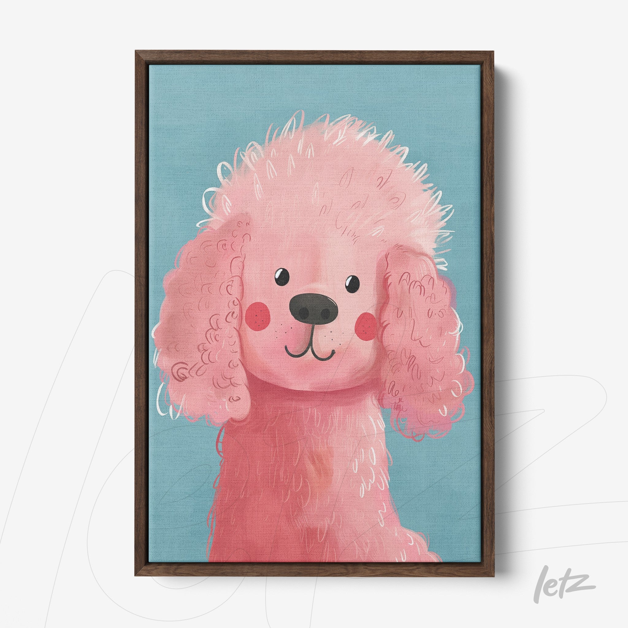 quadro com ilustração de cachorro pink estilizado em moldura madeira escura sobre fundo azul