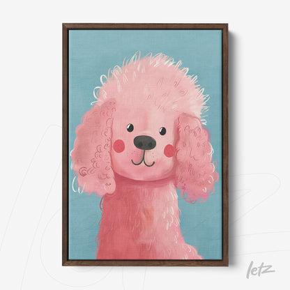 quadro com ilustração de cachorro pink estilizado em moldura madeira escura sobre fundo azul