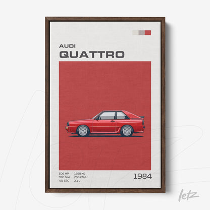 quadro com ilustração do carro Audi Quattro em fundo vermelho e moldura madeira escura