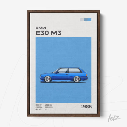 quadro com arte digital do carro BMW E30 M3 em fundo azul e moldura de madeira escura